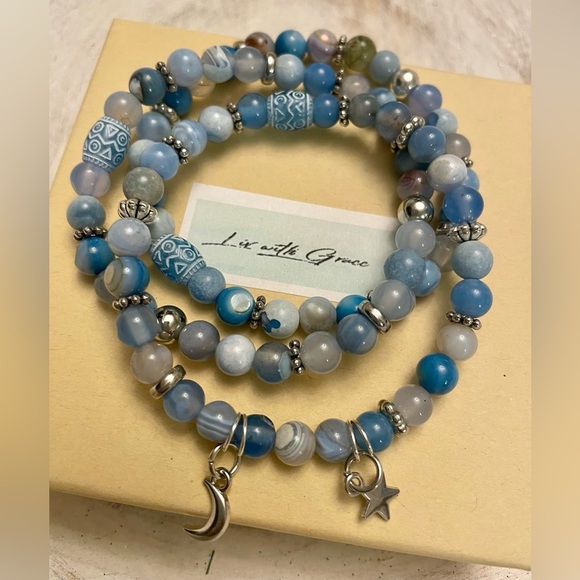 Moon & Star Charm Bracelet Set, 3, Blue agate gemstones, stretch, silver details - Picture 8 of 8